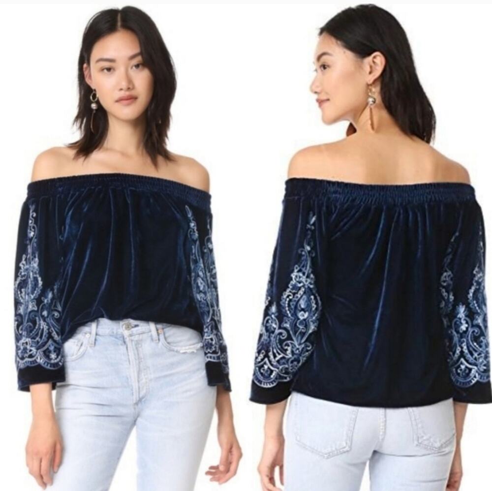 NWT Misa Los Angeles Linez Velvet Embroidered Off The Shoulder Top Size XS